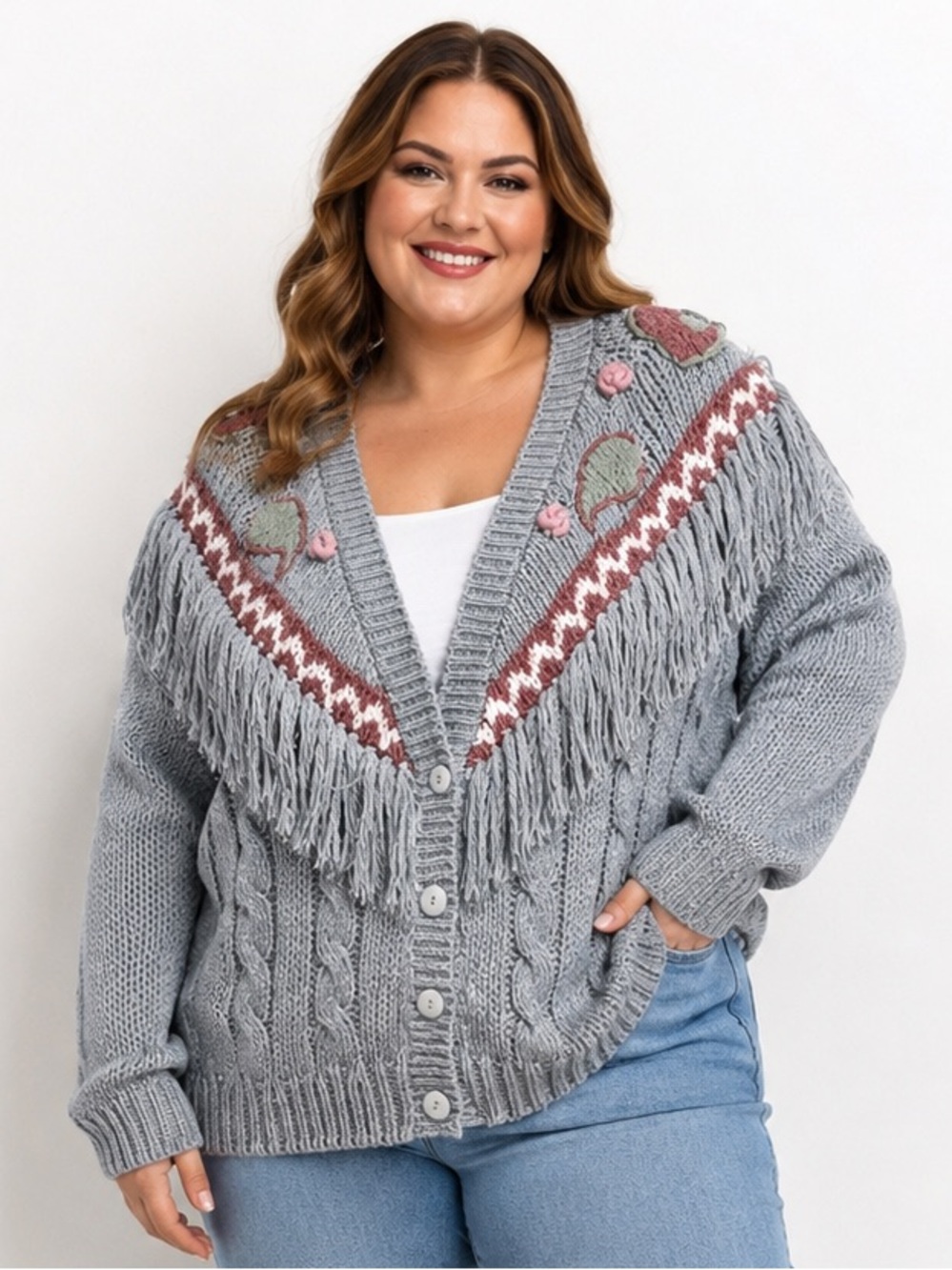 vintage Classic Expressions hand knitting Embroidered Fringe Cable Cardigan 24W